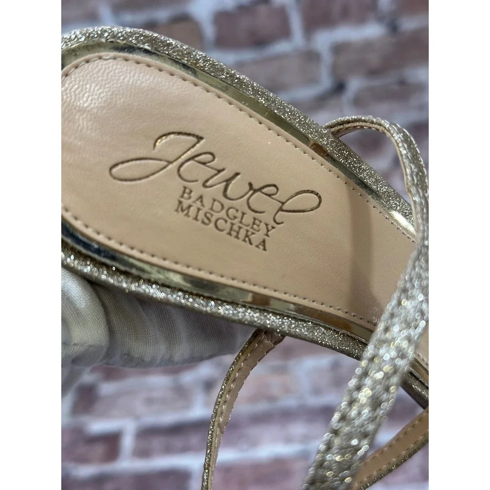 Jewel Badgley Mischka Gold Glitter Crystal Block Heel Sandals Women Formal NWOB